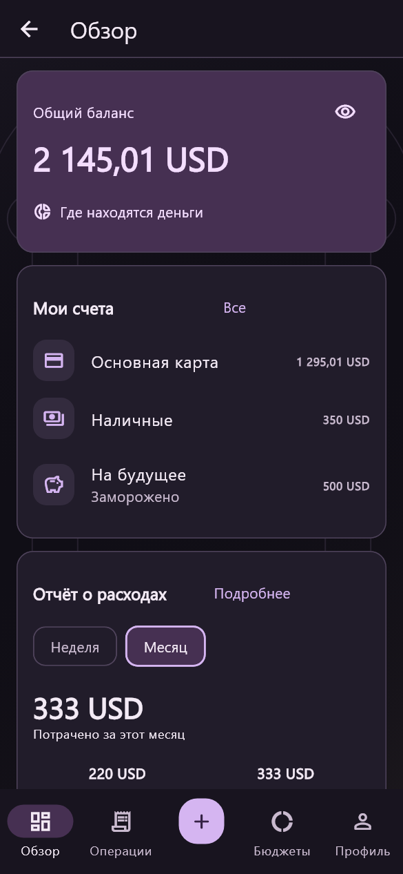 Финансовый обзор Favuto в теме «Готика»: тестовые остатки, счета и отчёт о расходах на русском языке.